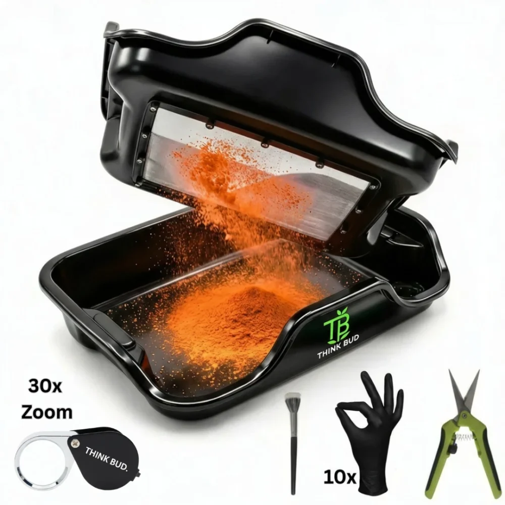 Trim Tray Bin | Premium Ernteset 150 Mikron Pollensieb | Ernteschere + 1A Lupe